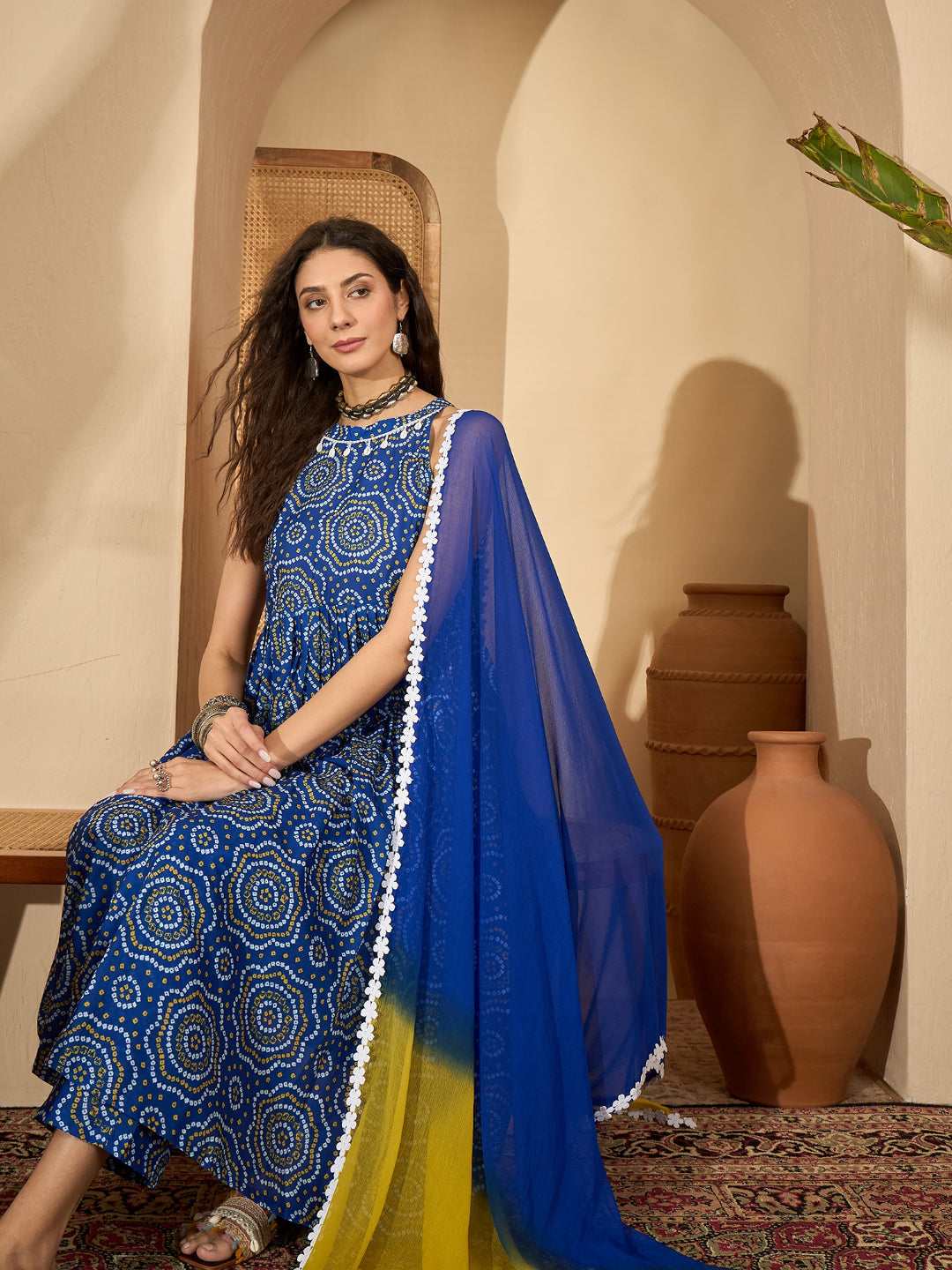 Bandhej Printed Cotton Anarkali Kurta Pant Dupatta Set