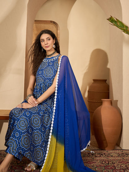 Bandhej Printed Cotton Anarkali Kurta Pant Dupatta Set