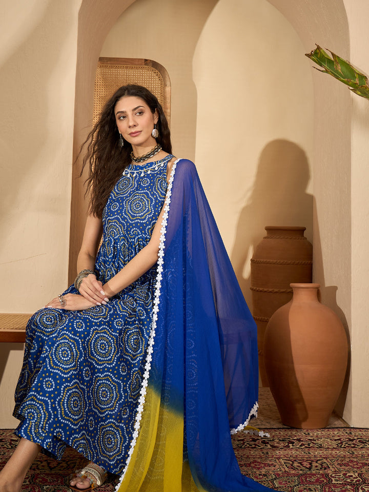 Bandhej Printed Cotton Anarkali Kurta Pant Dupatta Set