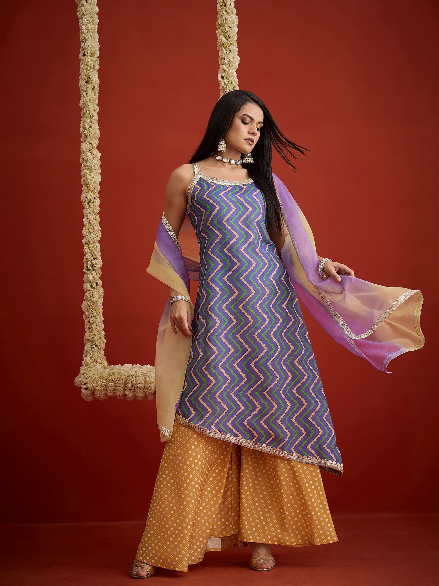 Chevron Printed Pure Cotton Asymmetric Kurta Palazzo Dupatta Set