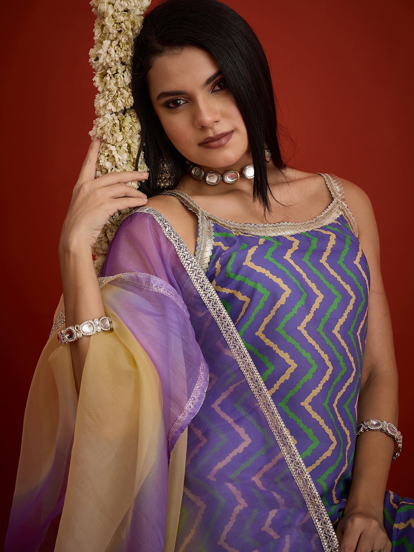 Chevron Printed Pure Cotton Asymmetric Kurta Palazzo Dupatta Set