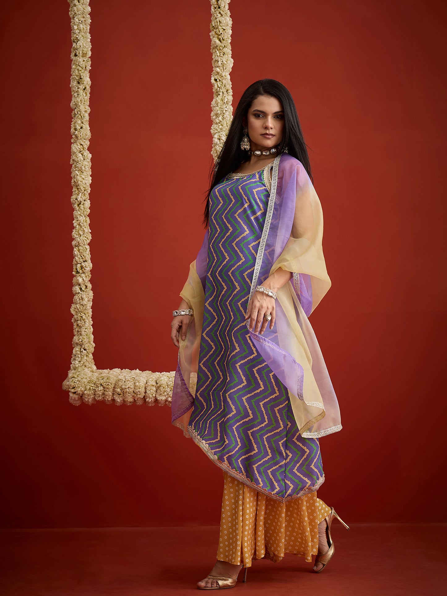 Chevron Printed Pure Cotton Asymmetric Kurta Palazzo Dupatta Set