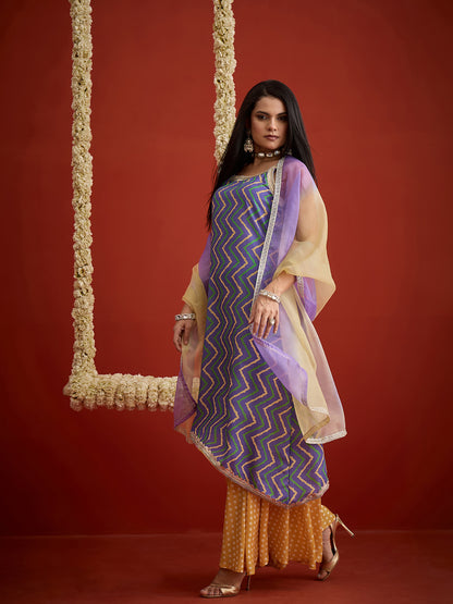 Chevron Printed Pure Cotton Asymmetric Kurta Palazzo Dupatta Set