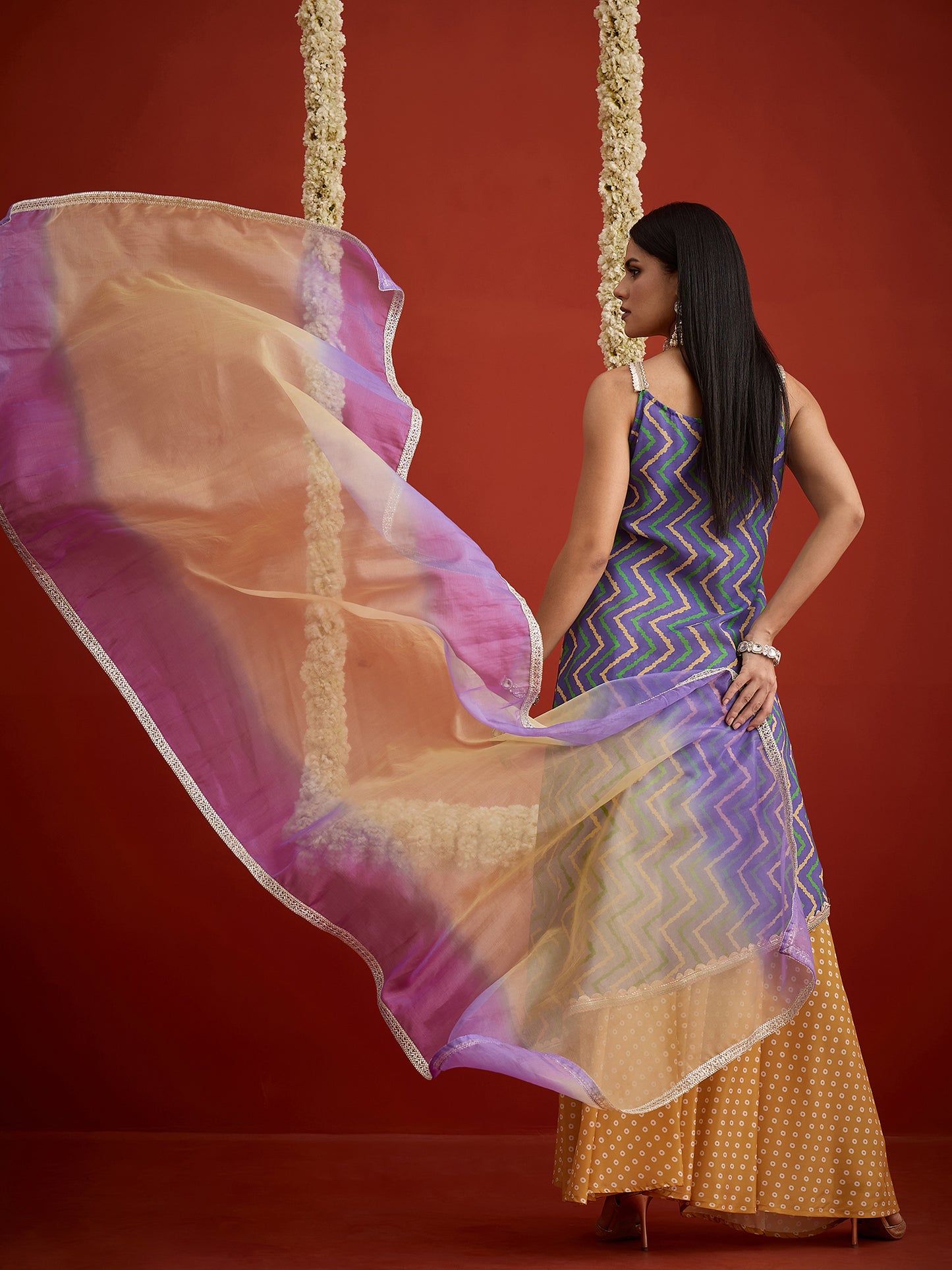Chevron Printed Pure Cotton Asymmetric Kurta Palazzo Dupatta Set