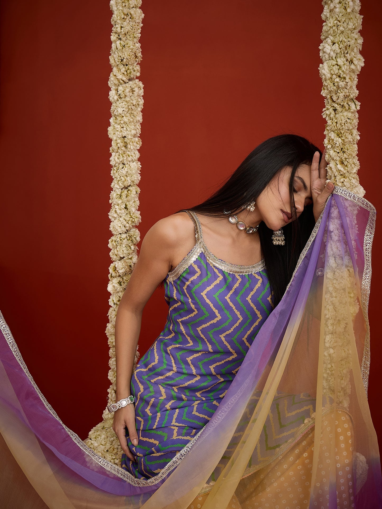 Chevron Printed Pure Cotton Asymmetric Kurta Palazzo Dupatta Set