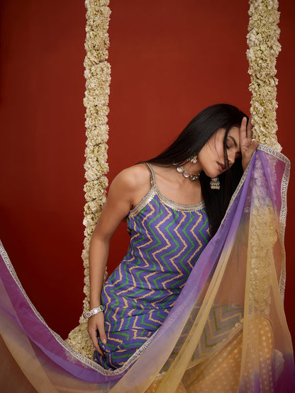 Chevron Printed Pure Cotton Asymmetric Kurta Palazzo Dupatta Set