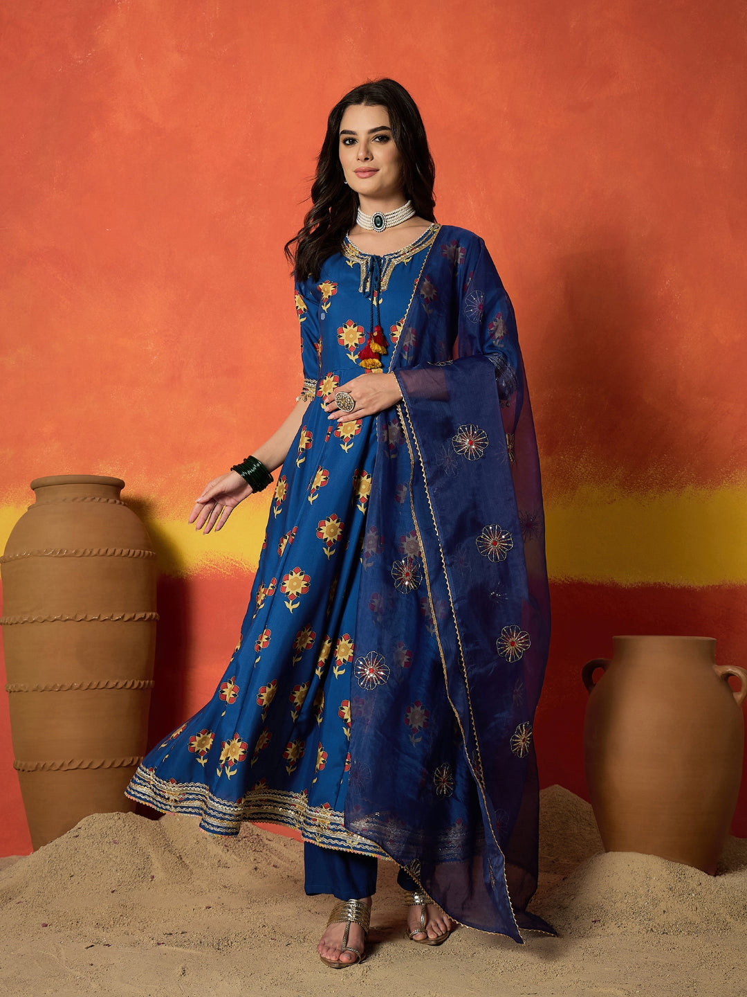 Floral Printed Rayon Anarkali Kurta Pant Dupatta Set
