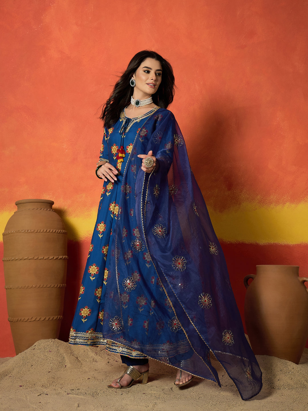 Floral Printed Rayon Anarkali Kurta Pant Dupatta Set