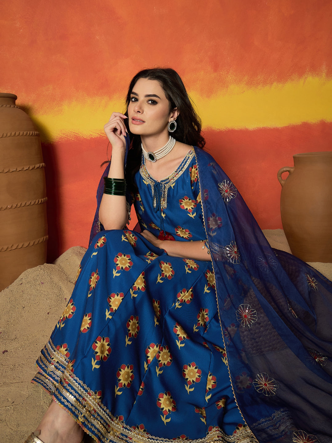 Floral Printed Rayon Anarkali Kurta Pant Dupatta Set