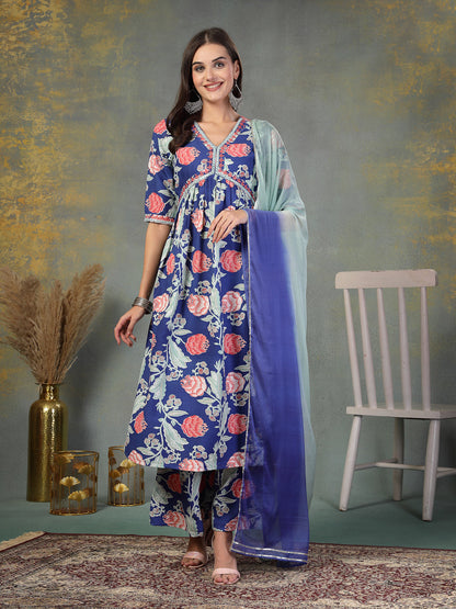 Blue Floral Printed & Embroidered Rayon Alia Cut Kurta Pant Dupatta Set