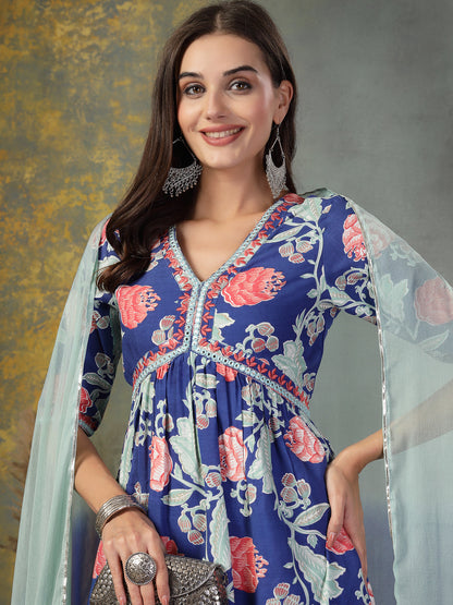 Blue Floral Printed & Embroidered Rayon Alia Cut Kurta Pant Dupatta Set (Pre-Order)