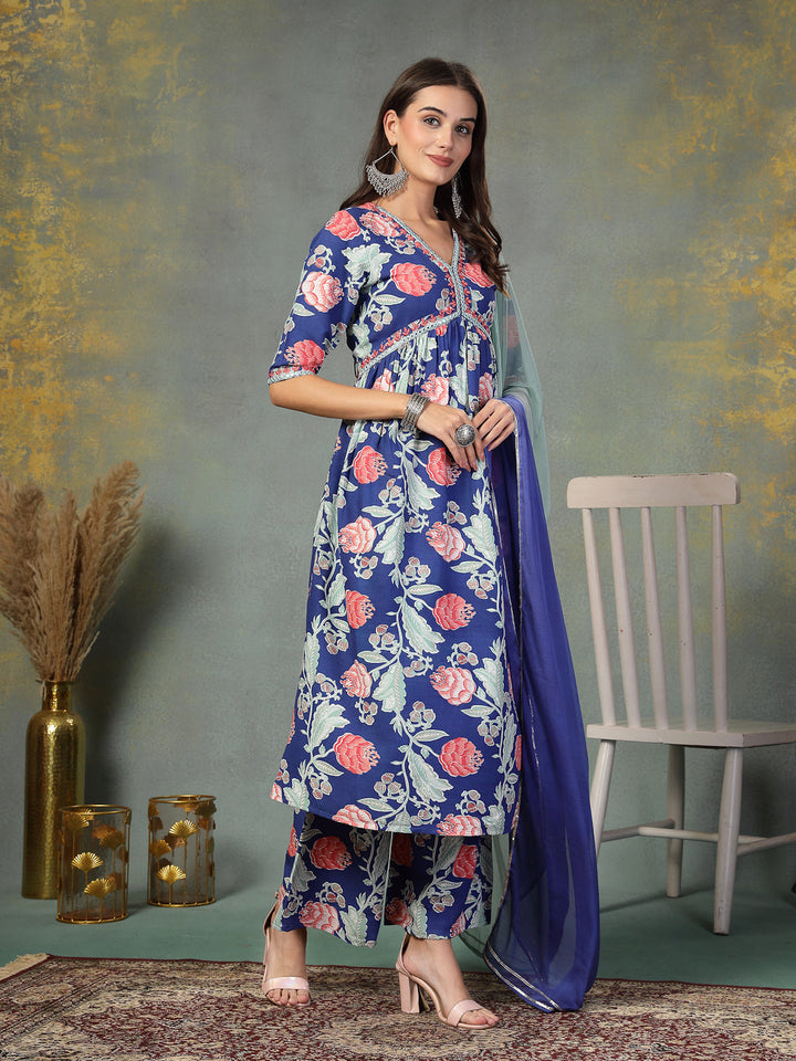 Blue Floral Printed &amp; Embroidered Rayon Alia Cut Kurta Pant Dupatta Set