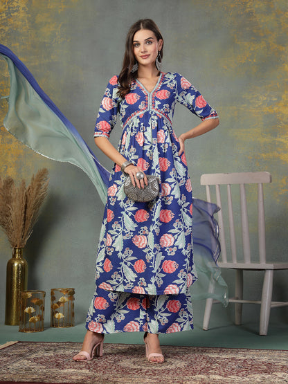 Blue Floral Printed & Embroidered Rayon Alia Cut Kurta Pant Dupatta Set