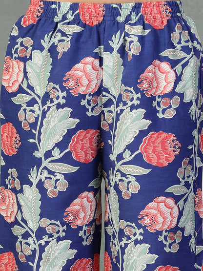 Blue Floral Printed & Embroidered Rayon Alia Cut Kurta Pant Dupatta Set (Pre-Order)