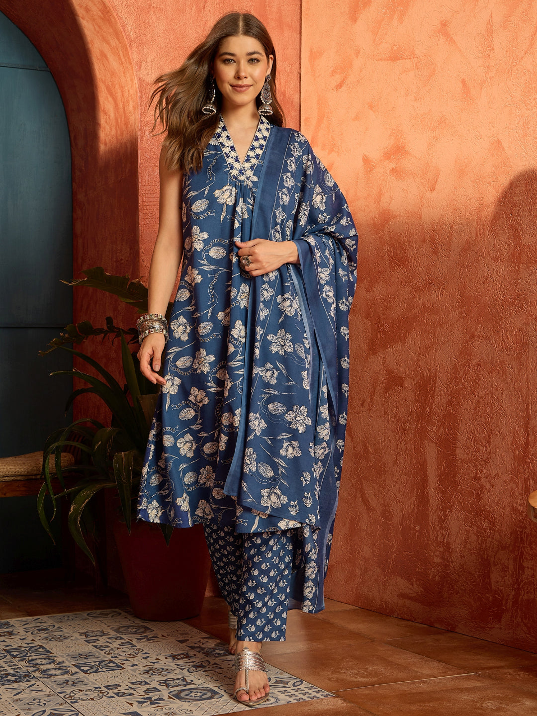 Floral Printed Cotton A-Line Kurta Pant Dupatta Set