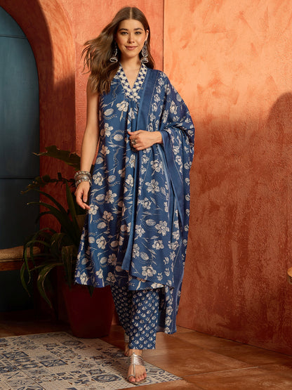 Floral Printed Cotton A-Line Kurta Pant Dupatta Set