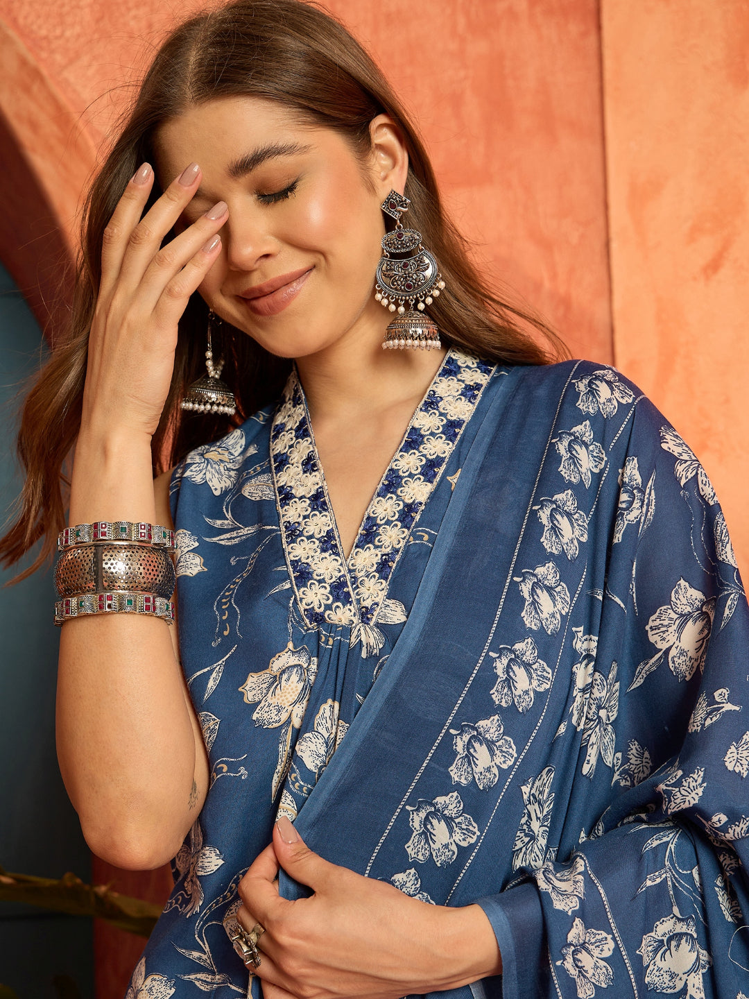 Floral Printed Cotton A-Line Kurta Pant Dupatta Set