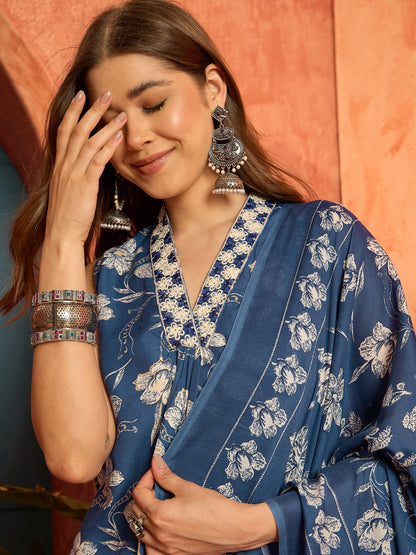 Floral Printed Cotton A-Line Kurta Pant Dupatta Set