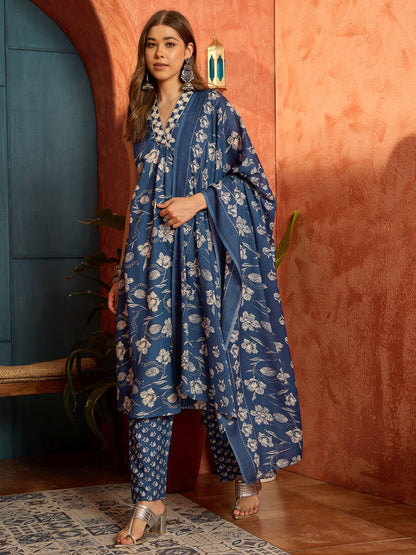 Floral Printed Cotton A-Line Kurta Pant Dupatta Set