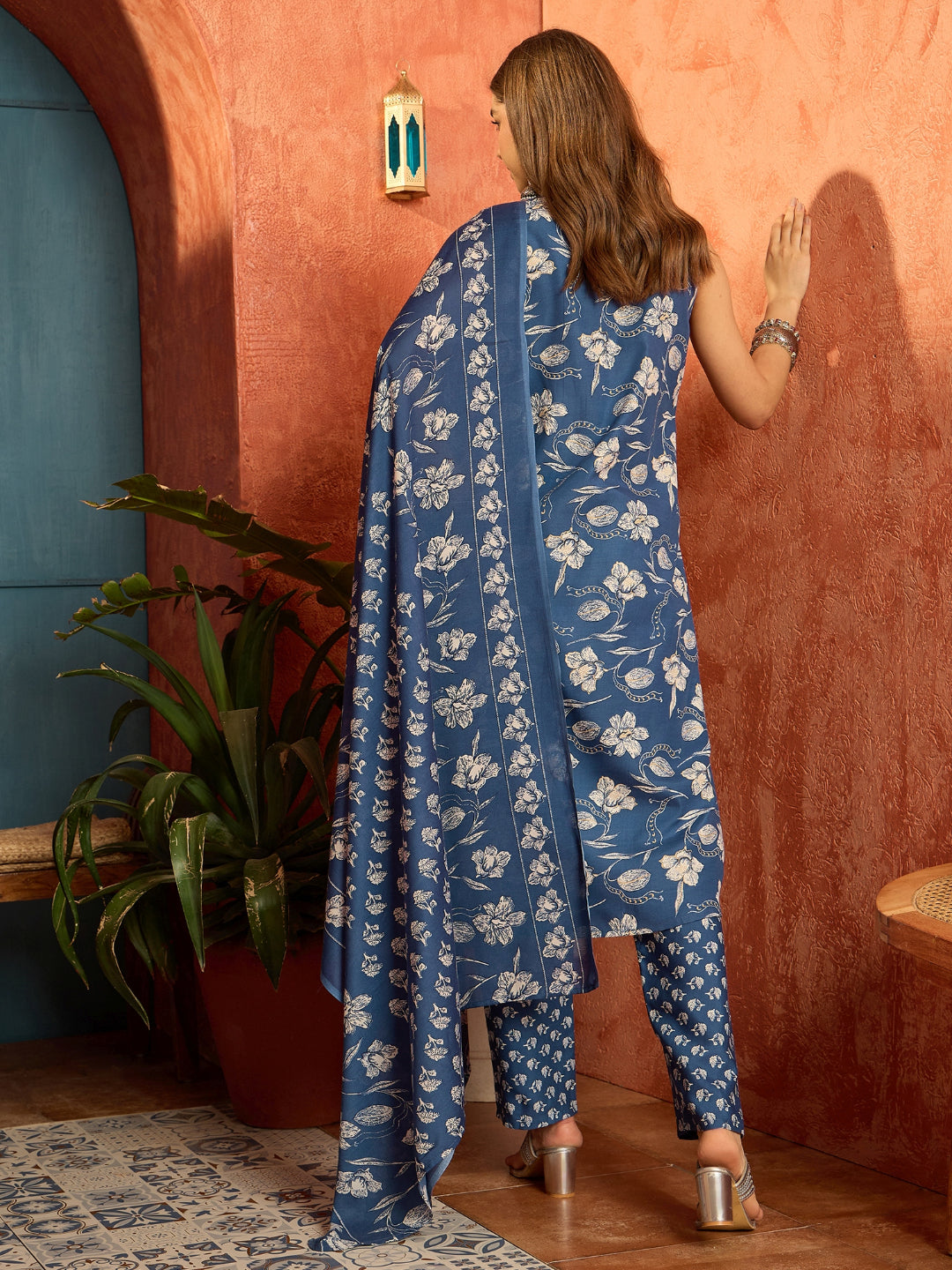 Floral Printed Cotton A-Line Kurta Pant Dupatta Set