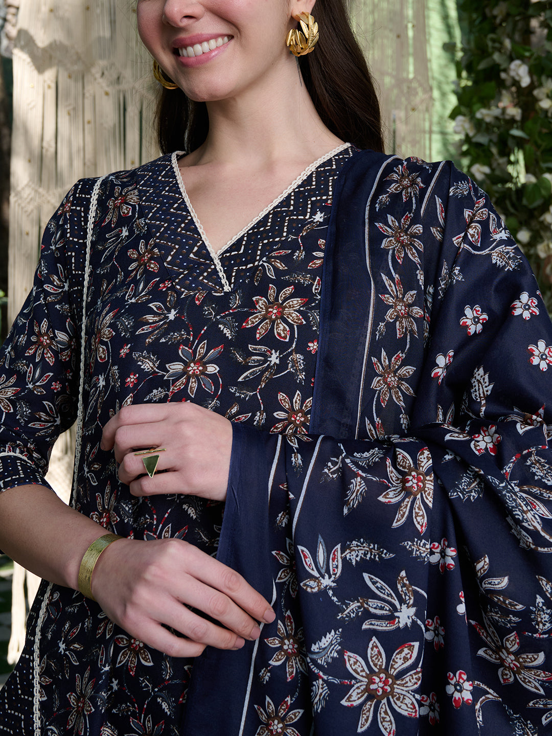 Blue Ethnic Printed Cotton Blend Straight Kurta Pant Dupatta Set (Pre-Order)