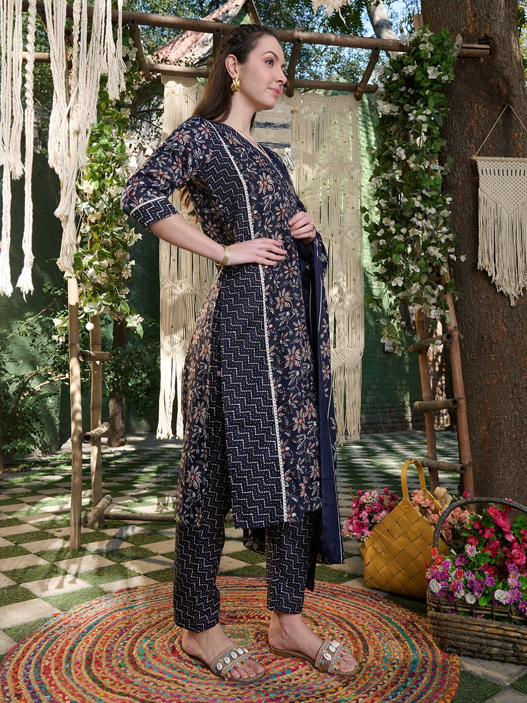 Blue Ethnic Printed Cotton Blend Straight Kurta Pant Dupatta Set