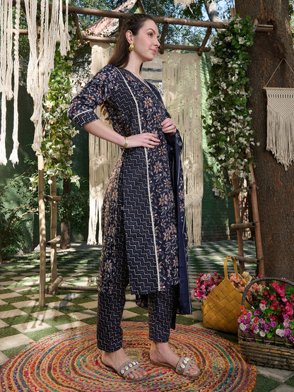 Blue Ethnic Printed Cotton Blend Straight Kurta Pant Dupatta Set