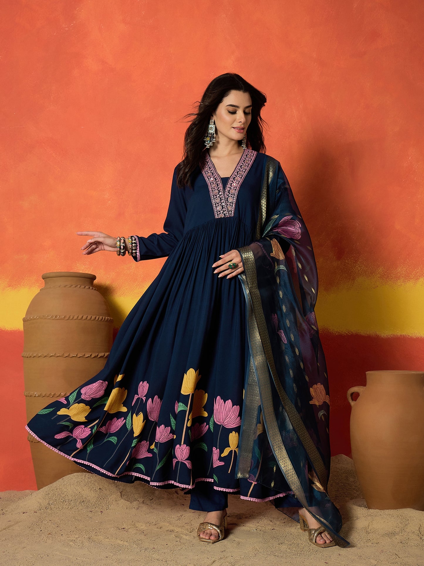 Floral Printed & Embroidered Rayon Anarkali Kurta Pant Dupatta Set Set