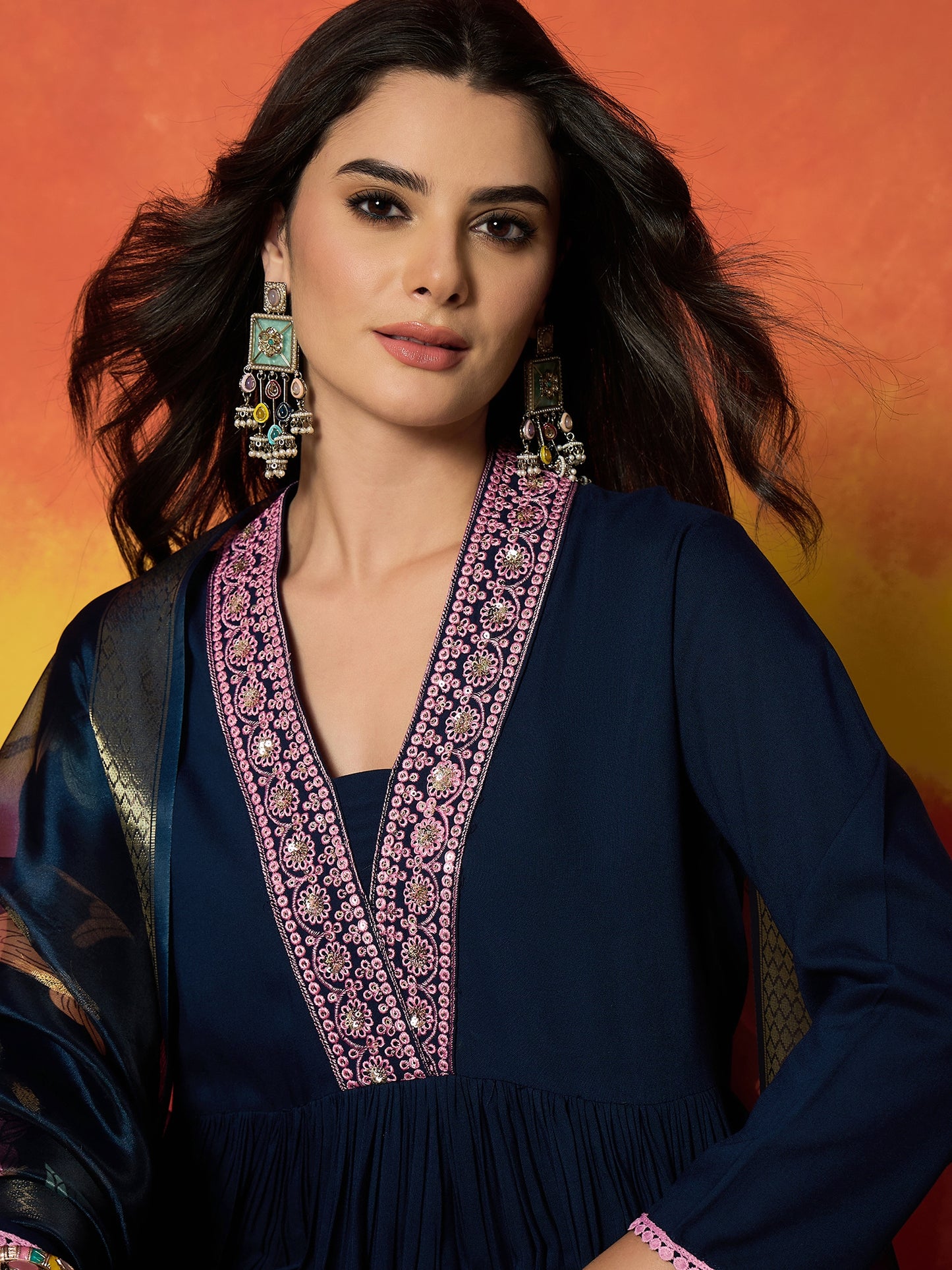Floral Printed & Embroidered Rayon Anarkali Kurta Pant Dupatta Set Set