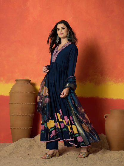 Floral Printed & Embroidered Rayon Anarkali Kurta Pant Dupatta Set Set
