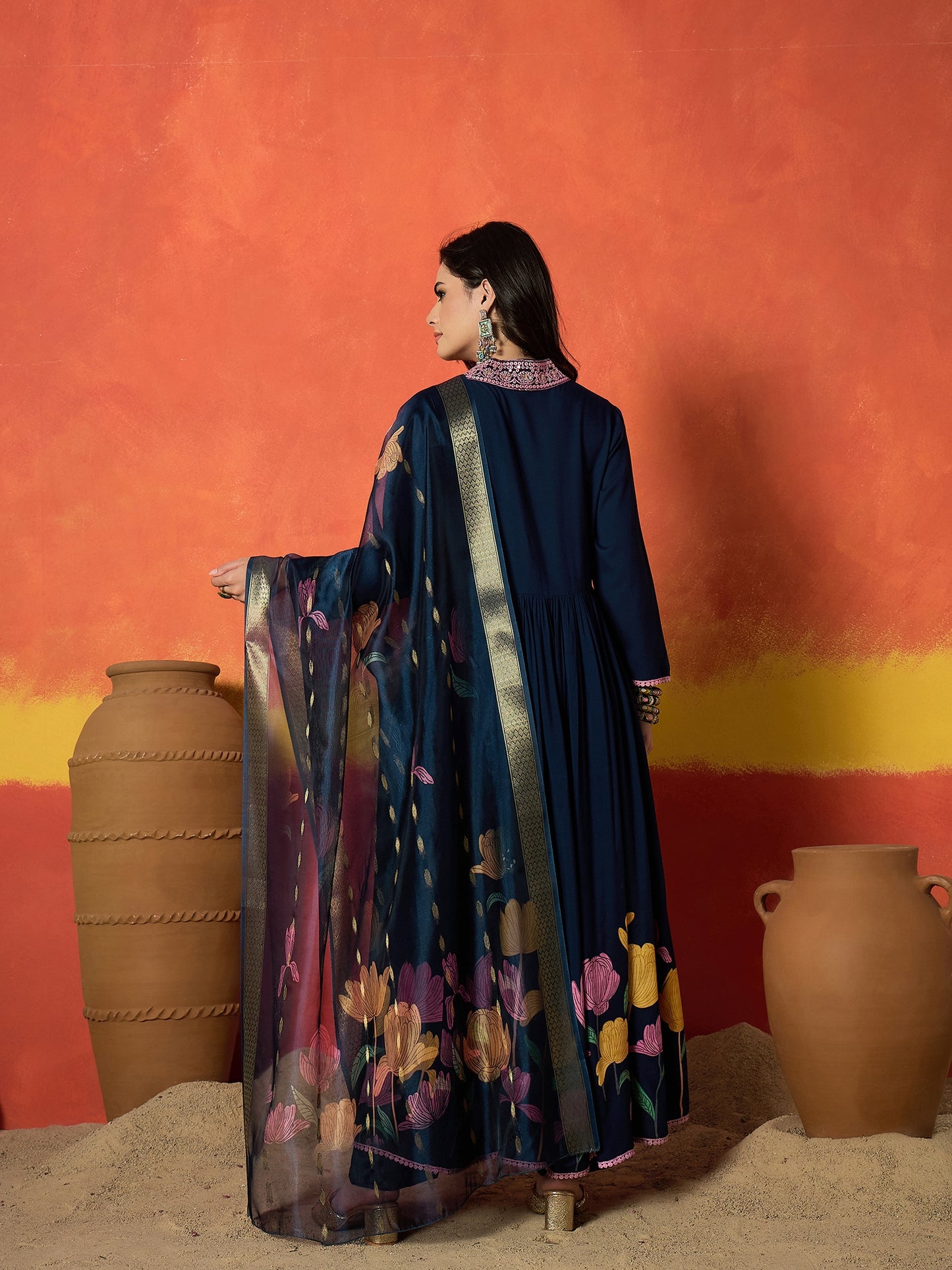 Floral Printed & Embroidered Rayon Anarkali Kurta Pant Dupatta Set Set