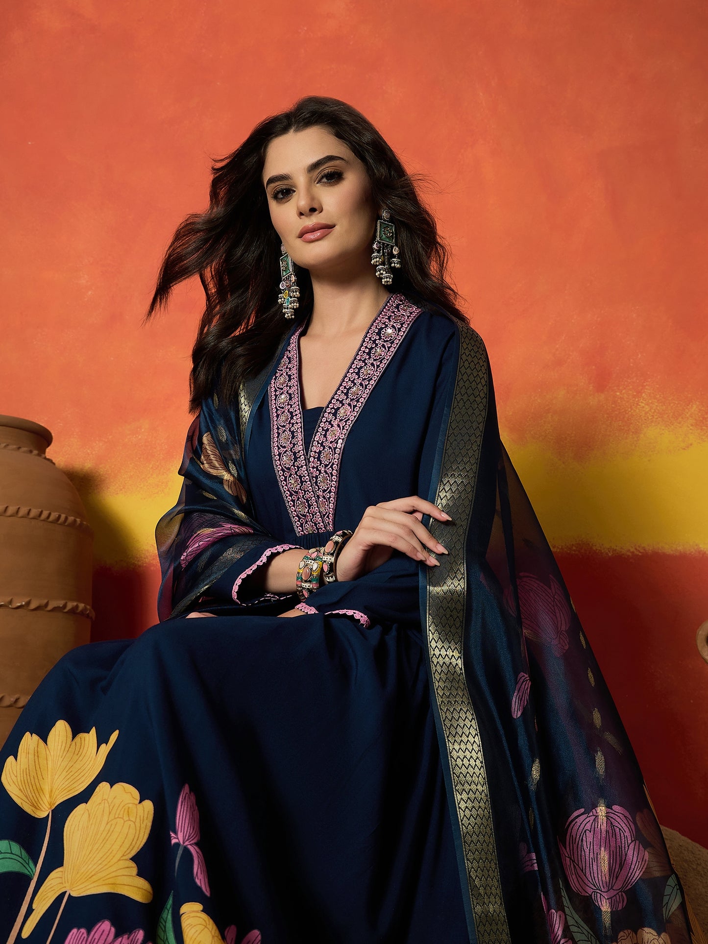 Floral Printed & Embroidered Rayon Anarkali Kurta Pant Dupatta Set Set