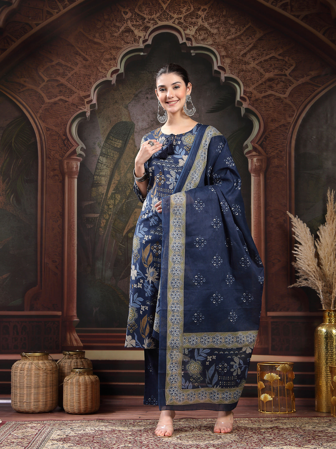 Blue Floral Printed Cotton Straight Kurta Pant Dupatta Set