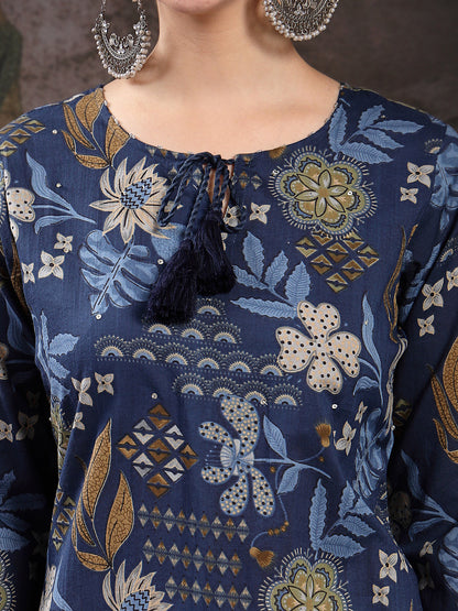 Blue Floral Printed Cotton Straight Kurta Pant Dupatta Set