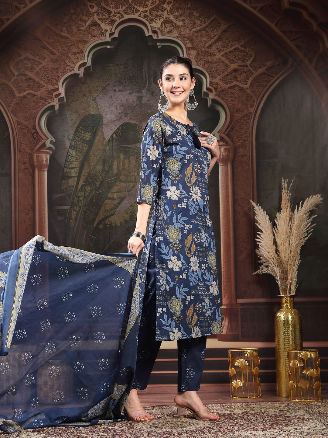 Blue Floral Printed Cotton Straight Kurta Pant Dupatta Set