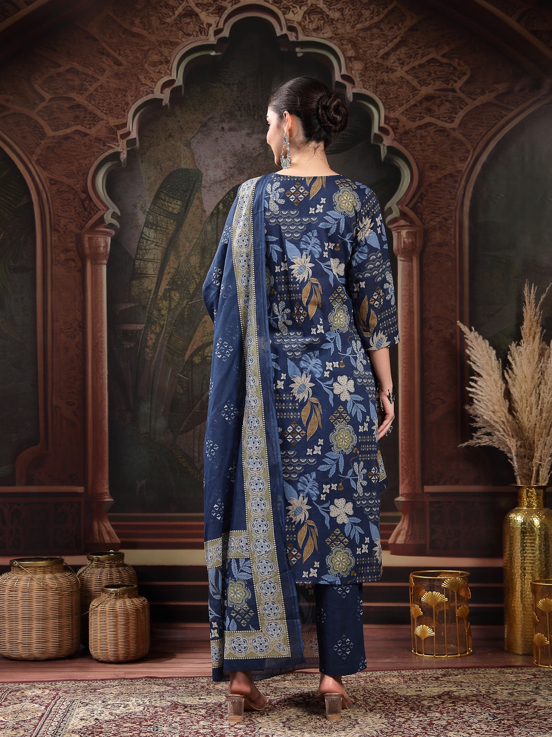 Blue Floral Printed Cotton Straight Kurta Pant Dupatta Set