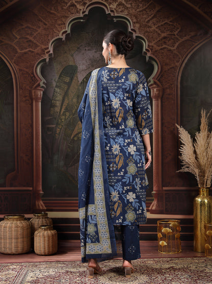 Blue Floral Printed Cotton Straight Kurta Pant Dupatta Set