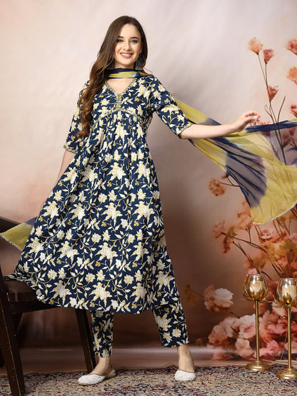 Floral Printed Cotton Pleated Kurta Pant Dupatta Set (Pre-Order)