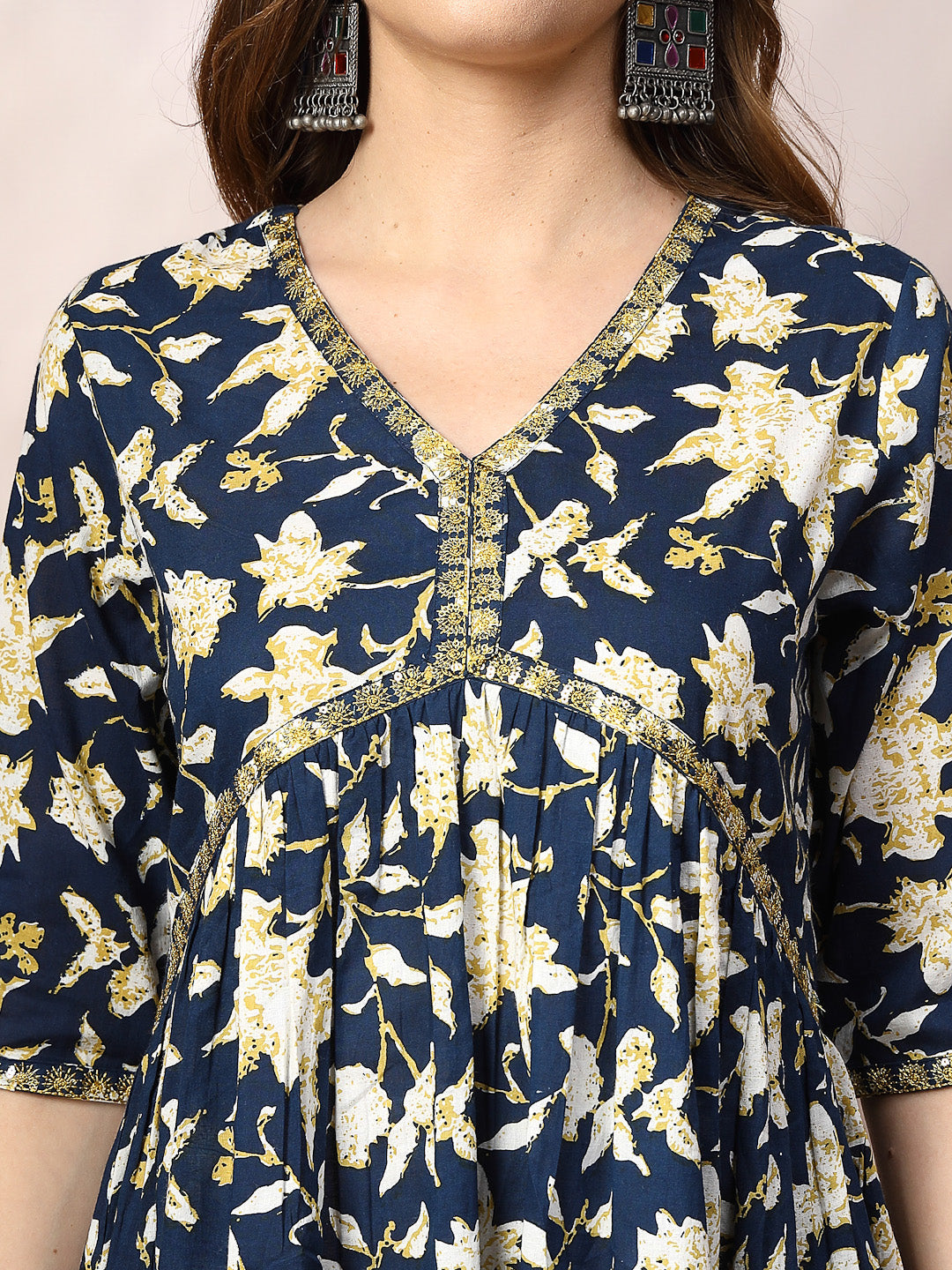 Floral Printed Cotton Pleated Kurta Pant Dupatta Set (Pre-Order)