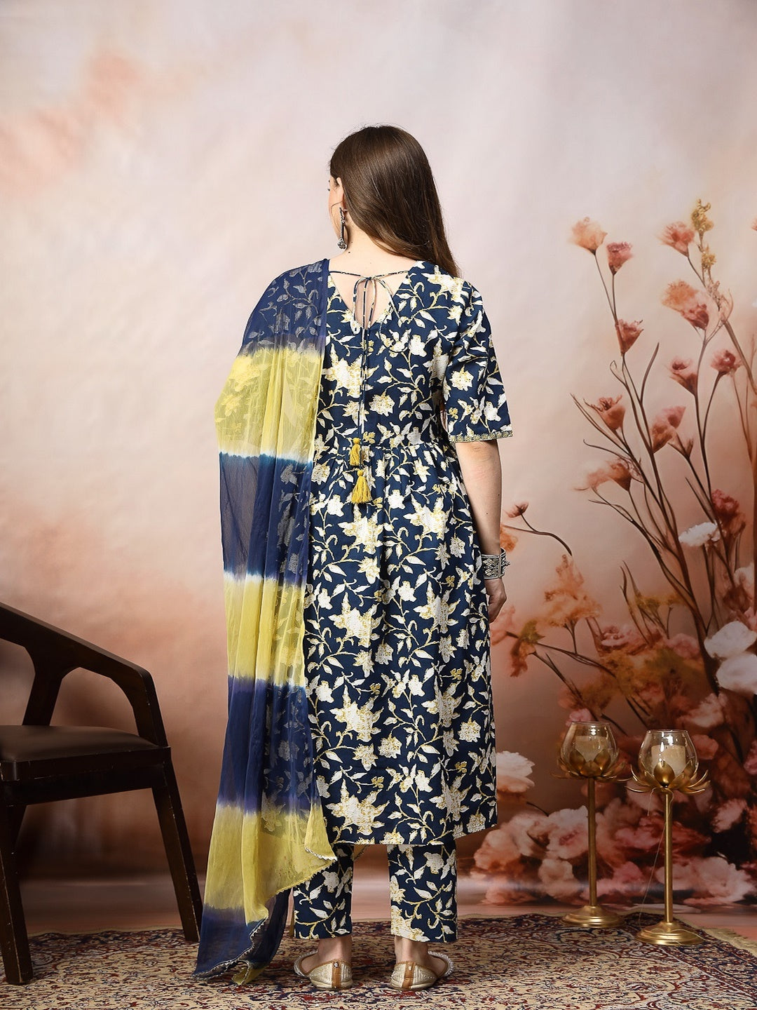 Floral Printed Cotton Pleated Kurta Pant Dupatta Set (Pre-Order)