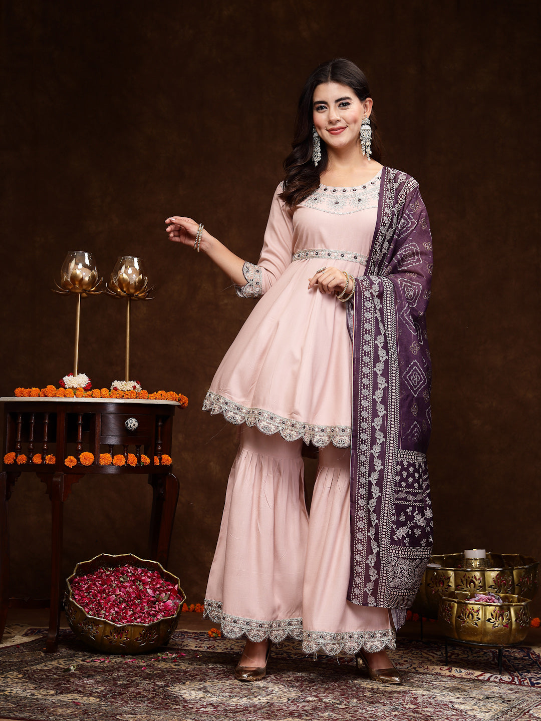 Rose Gold Solid &amp; Embroidered Rayon Short Kurti Sharara Dupatta Set