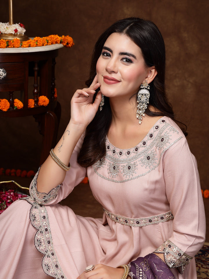 Rose Gold Solid &amp; Embroidered Rayon Short Kurti Sharara Dupatta Set