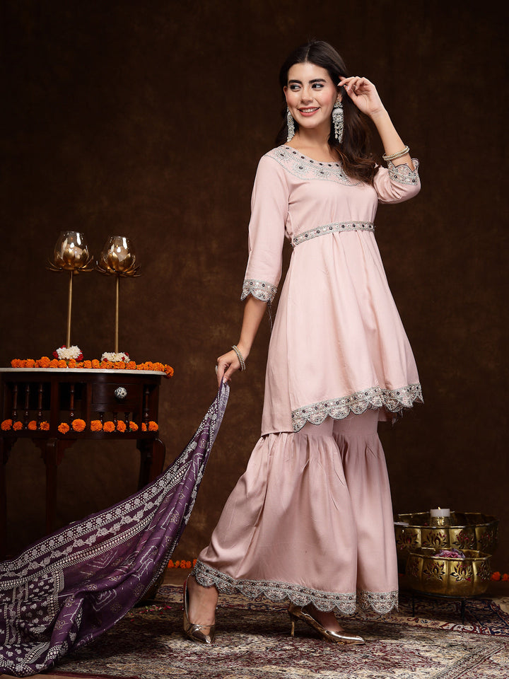 Rose Gold Solid &amp; Embroidered Rayon Short Kurti Sharara Dupatta Set