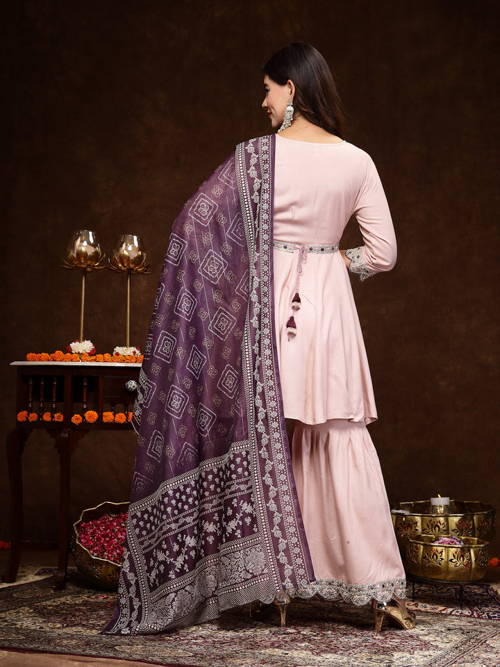 Rose Gold Solid &amp; Embroidered Rayon Short Kurti Sharara Dupatta Set