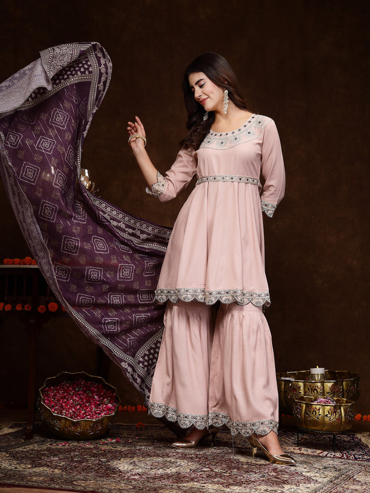 Rose Gold Solid &amp; Embroidered Rayon Short Kurti Sharara Dupatta Set