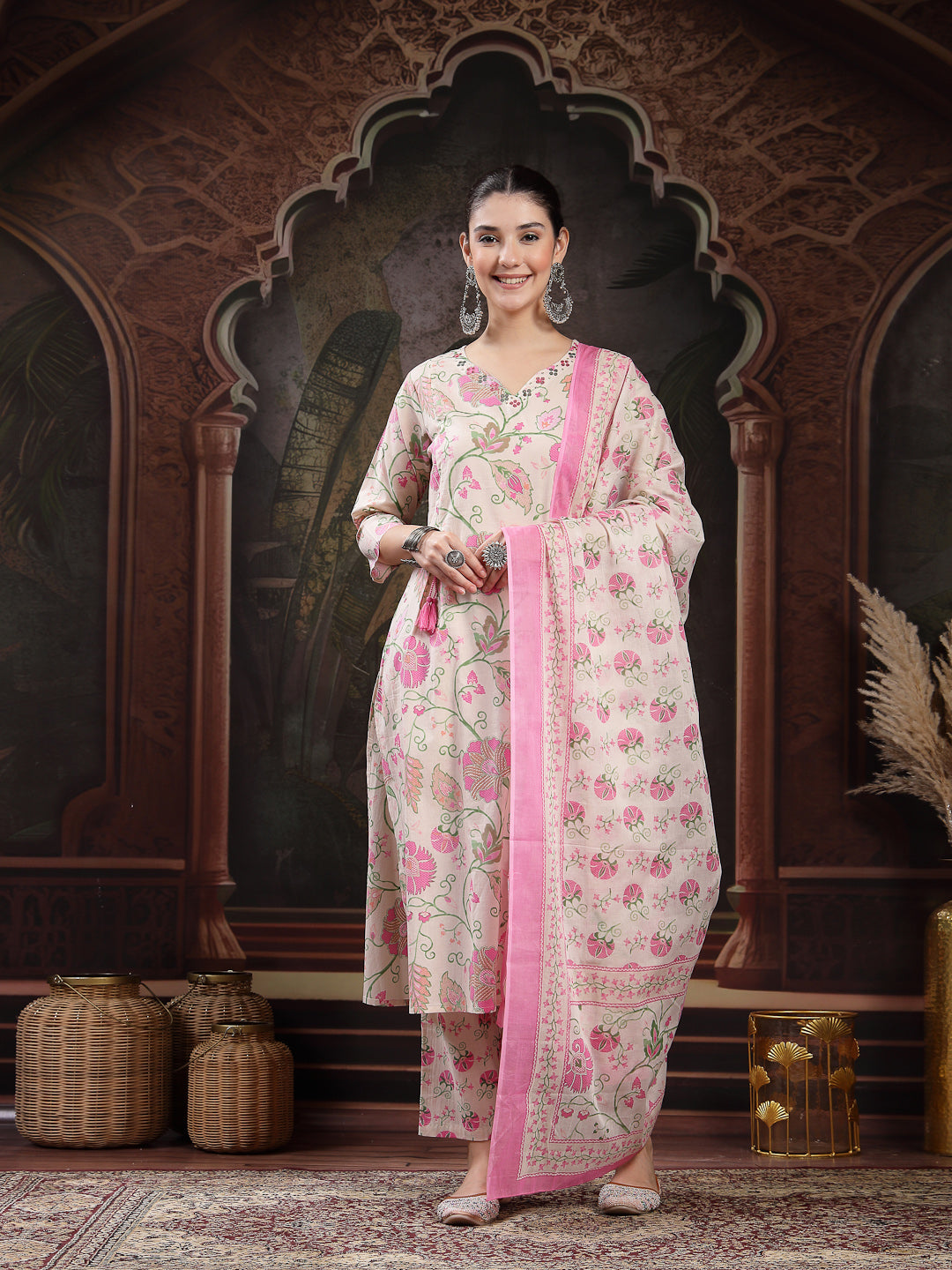 Blush Floral Printed Cotton Straight Kurta Pant Dupatta Set