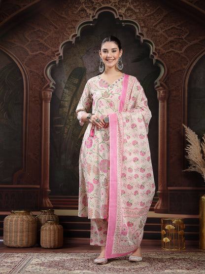 Blush Floral Printed Cotton Straight Kurta Pant Dupatta Set