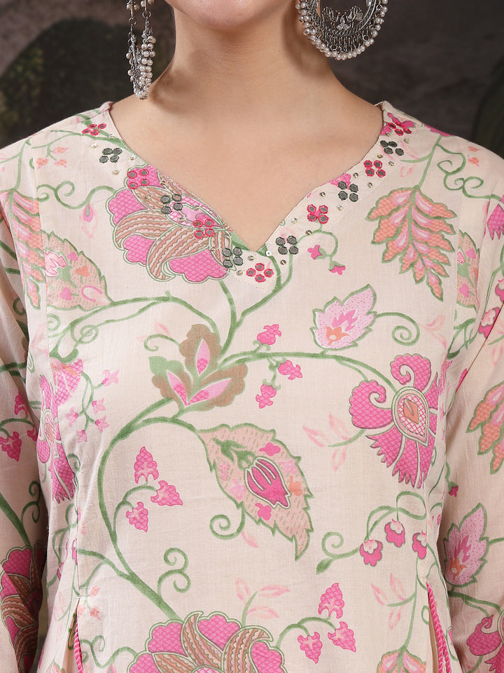 Blush Floral Printed Cotton Straight Kurta Pant Dupatta Set