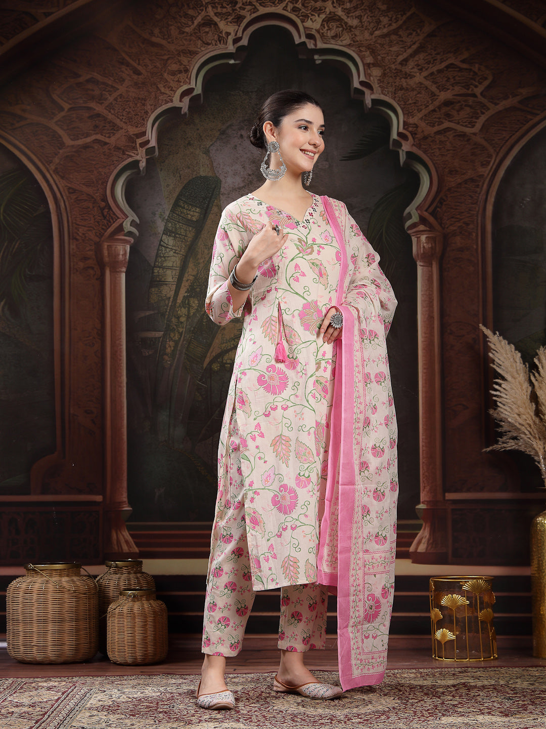 Blush Floral Printed Cotton Straight Kurta Pant Dupatta Set