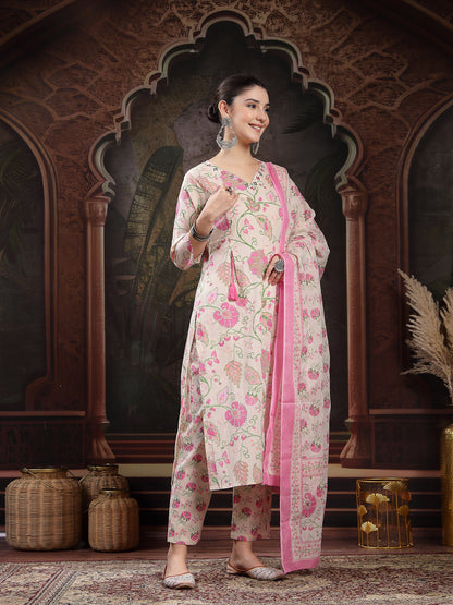 Blush Floral Printed Cotton Straight Kurta Pant Dupatta Set
